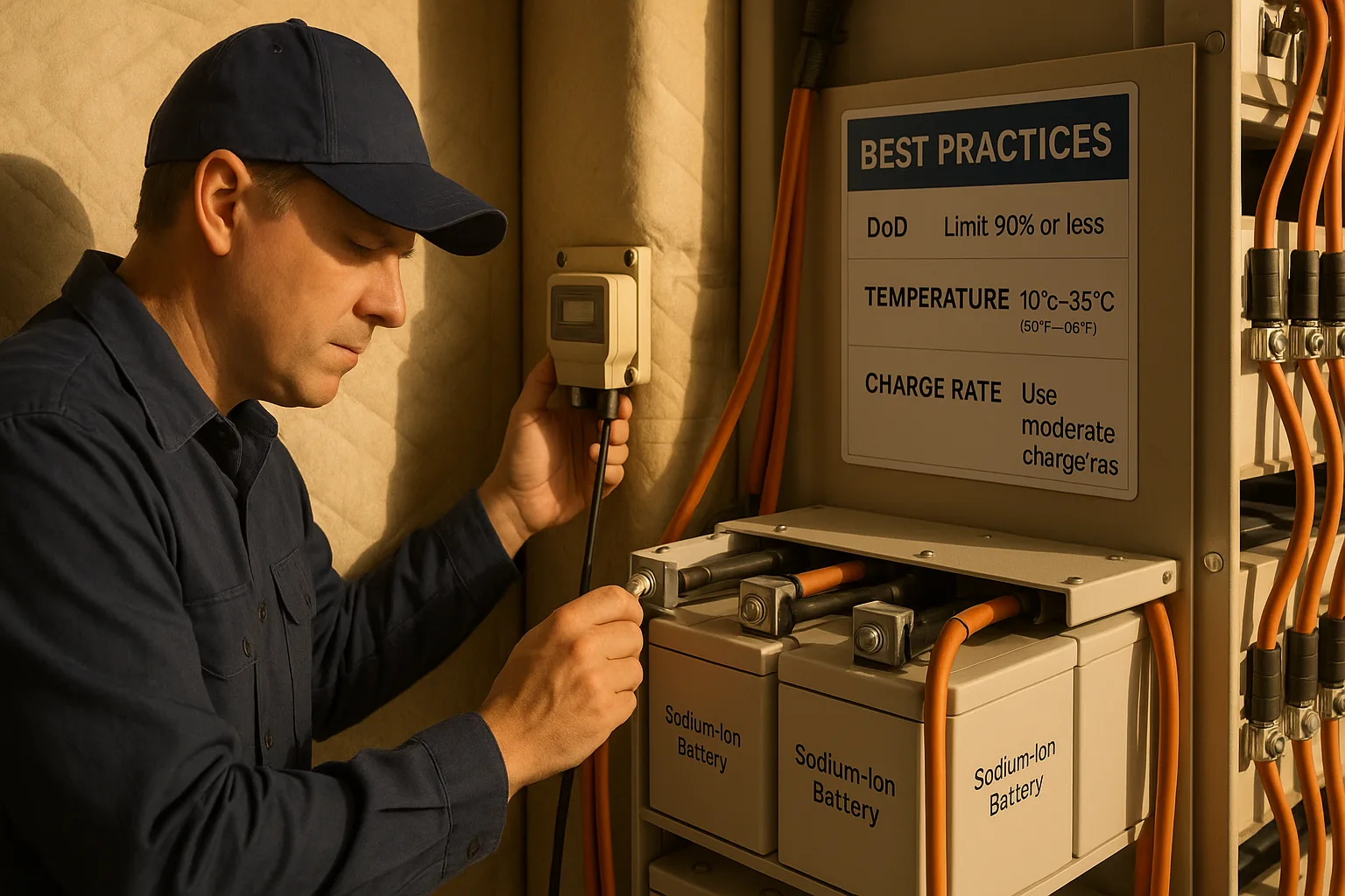 A field engineer adjusts a temperature sensor next to a sodium-ion battery bank with thermal insulation and orange cabling; a laminated “Best Practices” chart lists DoD and charge tips.