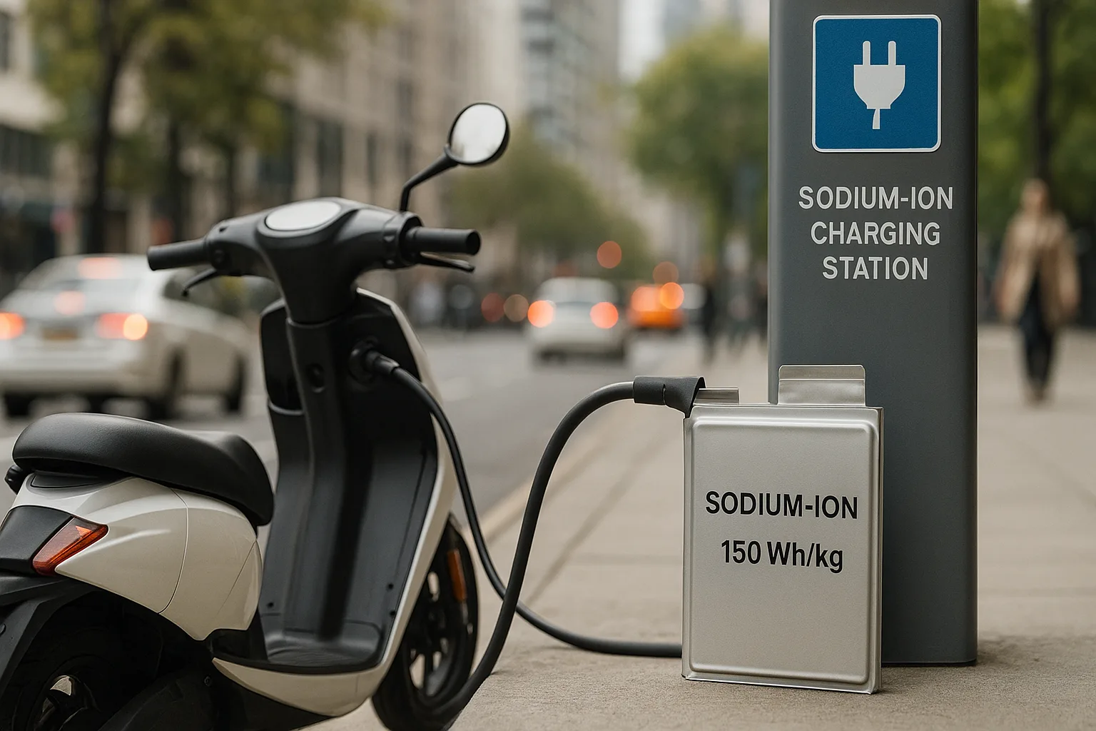 Electric scooter plugged into a sodium-ion charging station on a city street, with the battery labeled 150 Wh/kg.