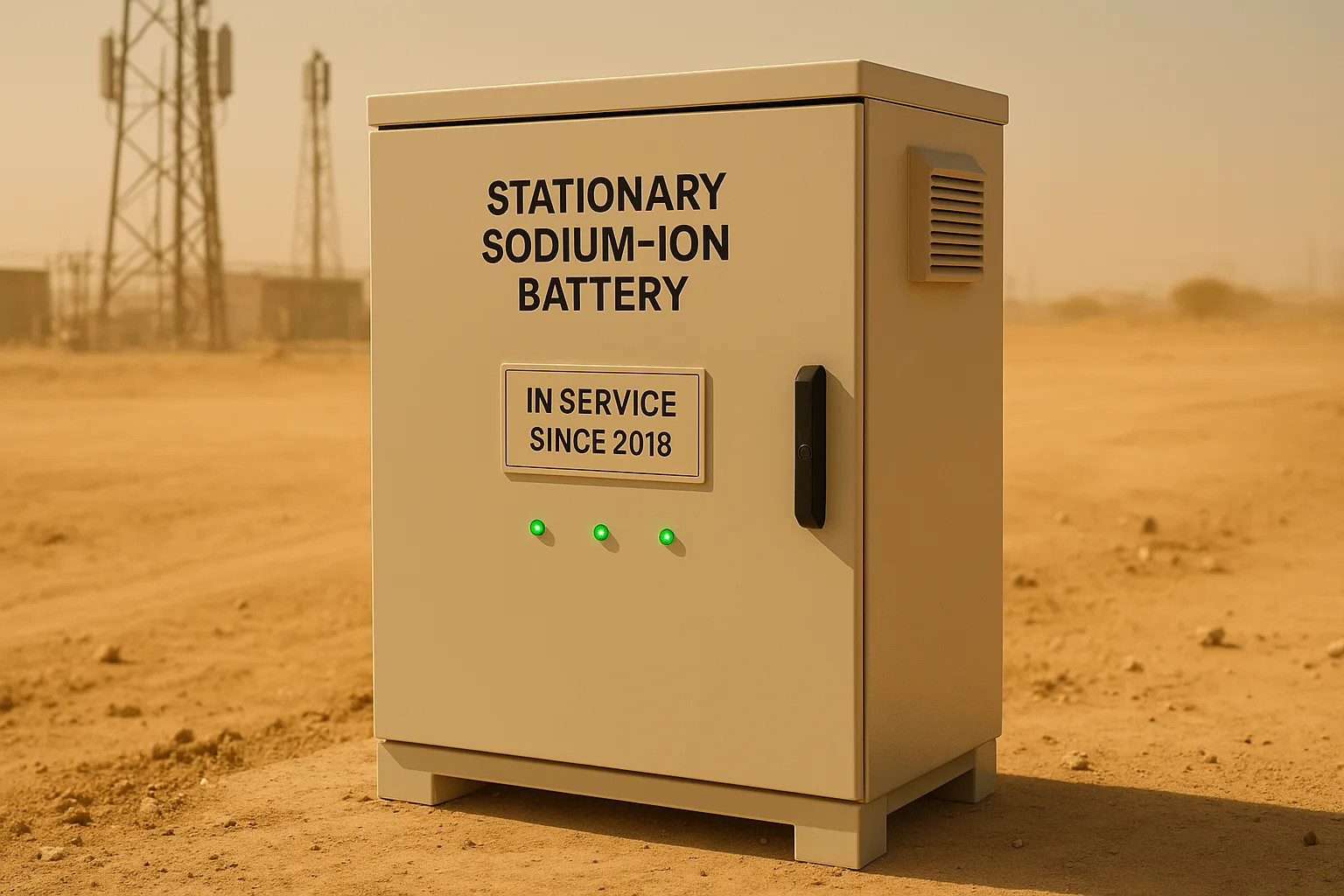 A stationary sodium-ion battery cabinet marked “In Service Since 2018” operates in a dusty, remote industrial area near telecom towers, with green LED indicators showing active status.