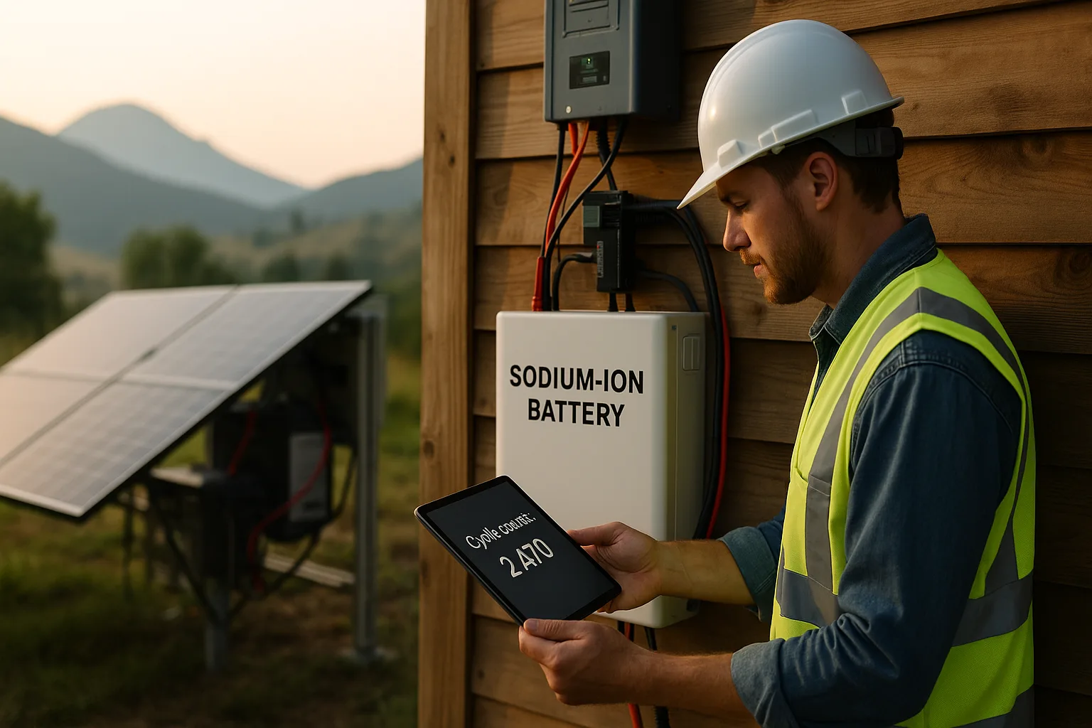 A solar technician with a hard hat checks a tablet displaying “Cycle count: 2,470” next to a sodium-ion battery system mounted on a rural cabin, connected to solar panels and inverter.