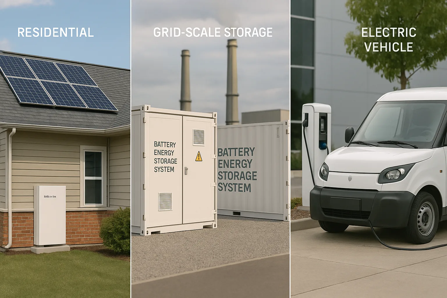 Composite image showing three real-world sodium-ion battery applications: a residential home with rooftop solar and battery storage, a grid-scale energy storage system, and an electric delivery vehicle at a charging station.