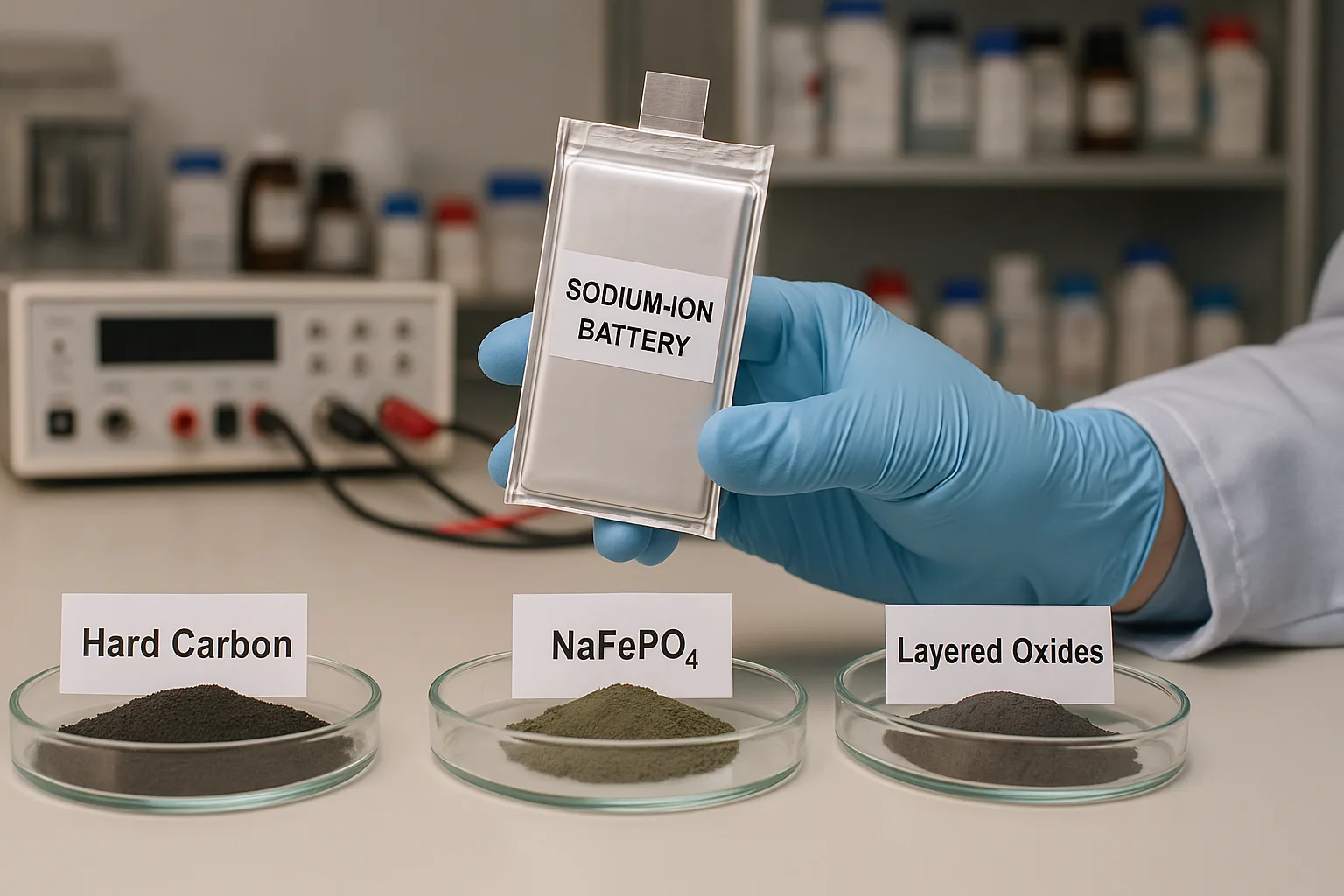A gloved technician holds a sodium-ion battery cell above labeled petri dishes containing Hard Carbon, NaFePO₄, and Layered Oxides; a battery testing device is visible in the background.