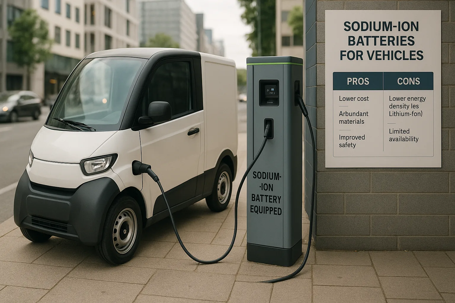 Compact electric delivery vehicle charging at a sodium-ion equipped station, with a poster comparing pros and cons of sodium-ion batteries.