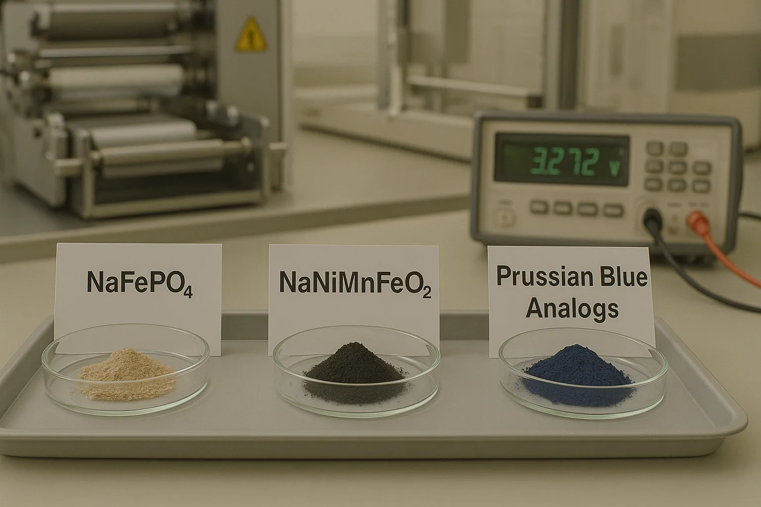 Three labeled petri dishes on a tray contain NaFePO₄, NaNiMnFeO₂, and Prussian Blue Analogs; in the background are a cathode fabrication line and a digital voltmeter showing 3.272V.