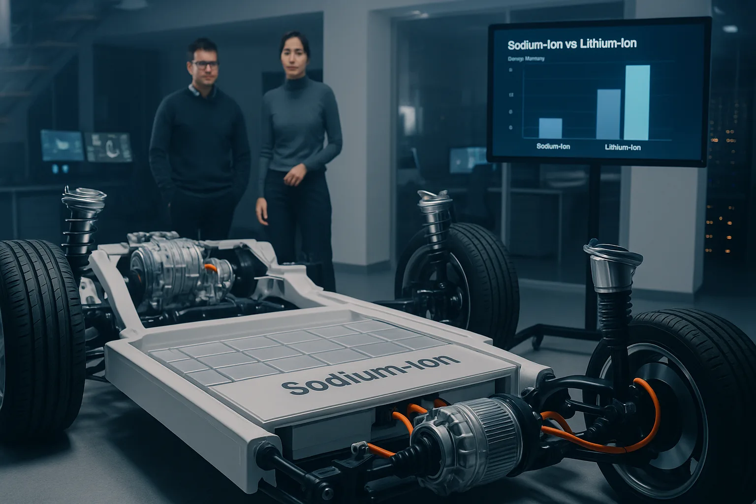 Engineers examine a disassembled EV chassis showing a sodium-ion battery pack, with a chart comparing sodium-ion and lithium-ion energy density in the background.