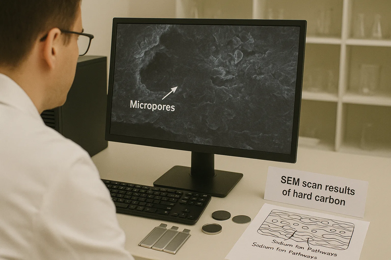 A battery R&D engineer examines SEM results of hard carbon on a screen showing labeled micropores; on the desk are test cells, electrodes, and a sodium-ion ion pathway sketch.