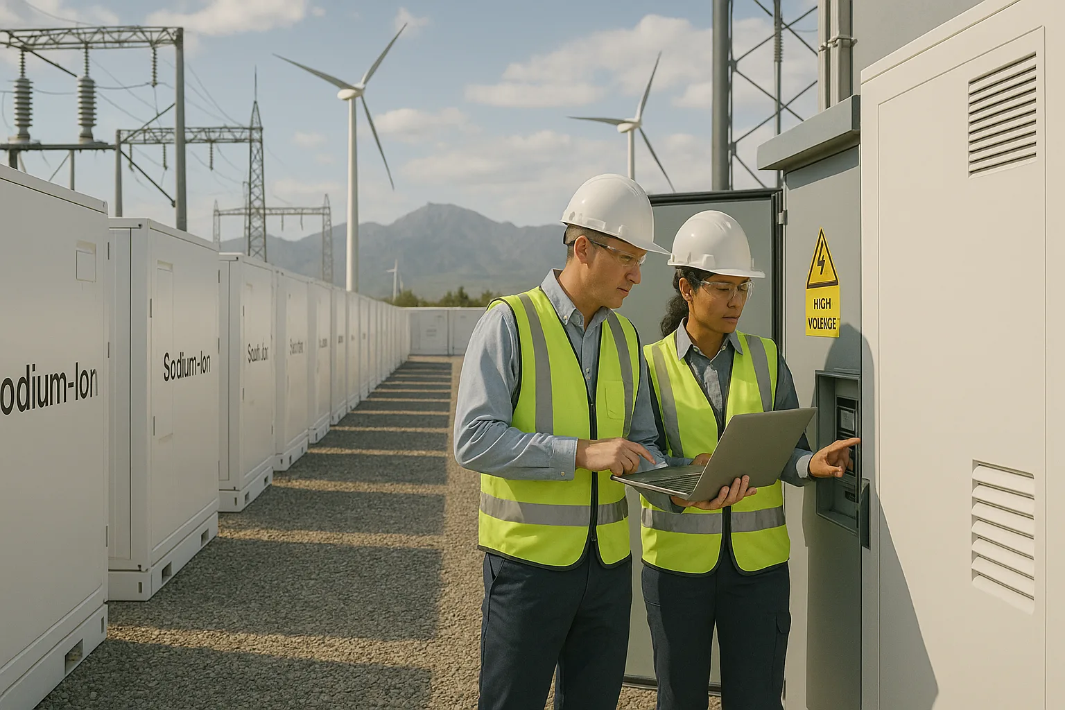 Two engineers inspect a high-voltage cabinet at a grid-scale sodium-ion battery storage site, with wind turbines and mountains in the background.