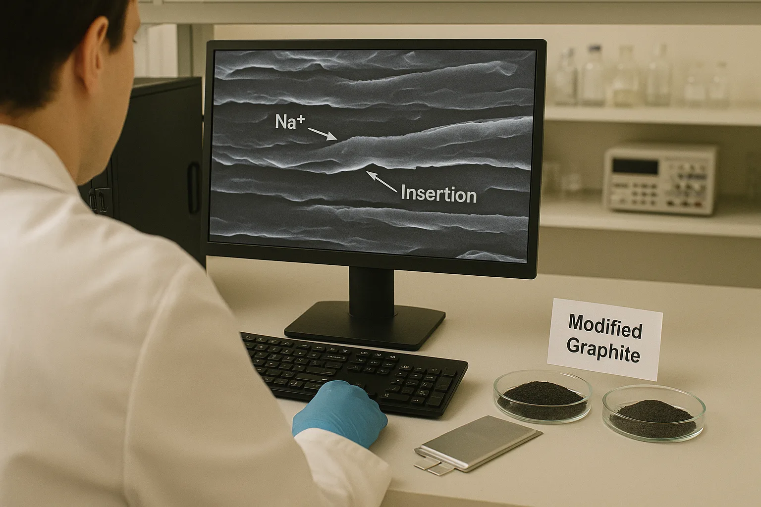 A researcher in a lab coat reviews an SEM image of layered graphite on a screen, annotated with “Na⁺” and “Insertion”; petri dishes of modified graphite and a sodium-ion cell rest on the lab desk.