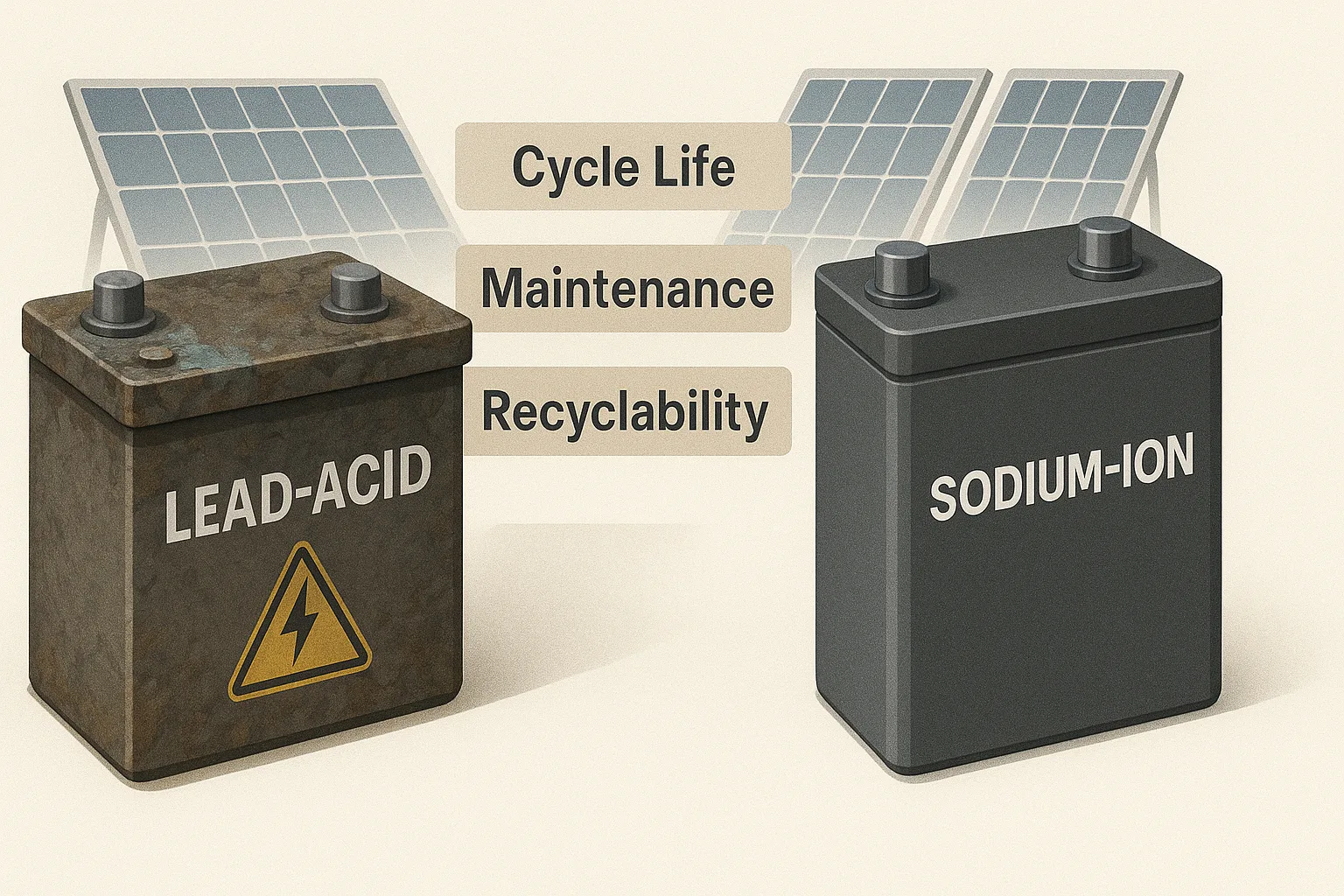 Rusty lead-acid battery versus clean sodium-ion battery with floating comparison labels and solar panels in the background.