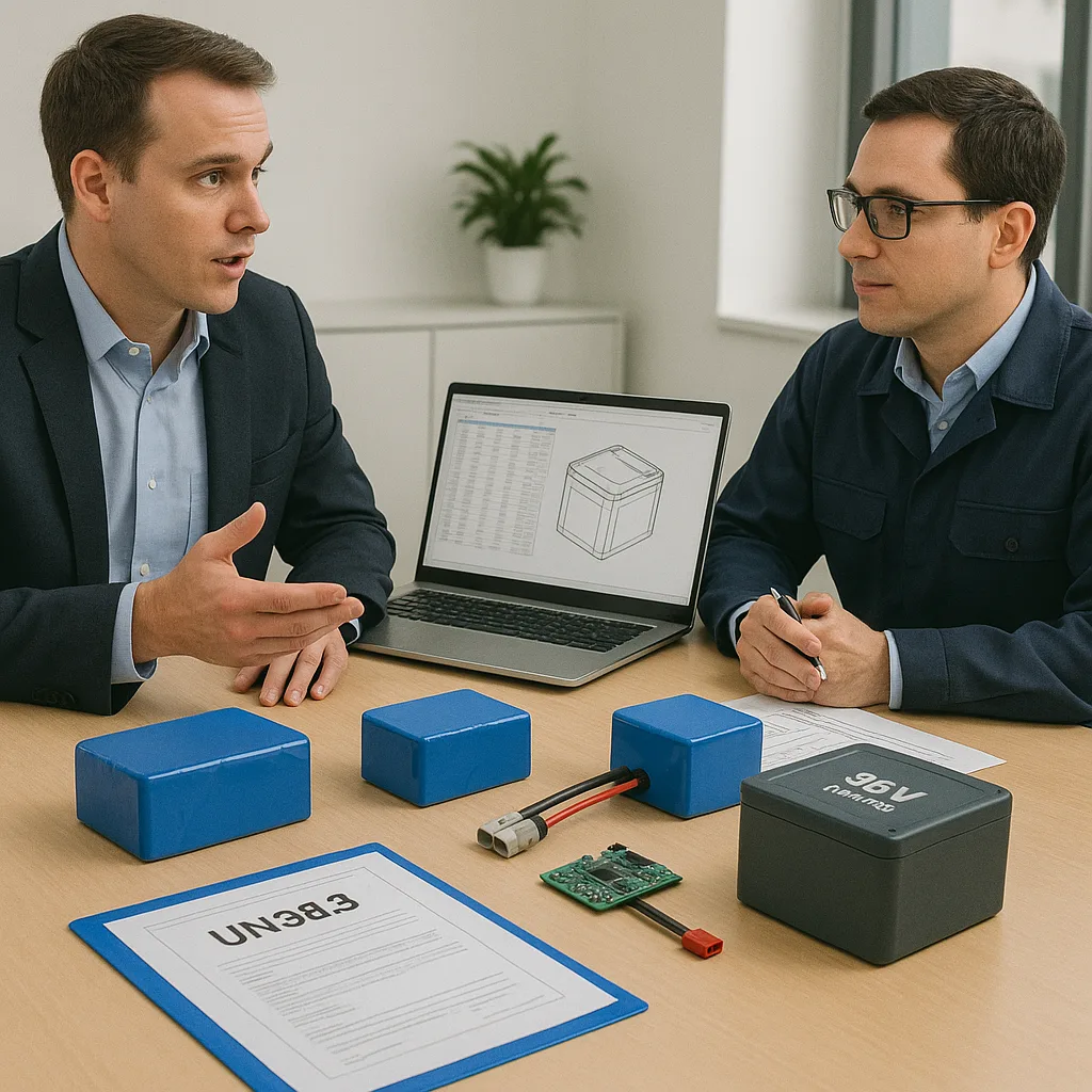 Buyer and supplier discussing 36V lithium battery pack project with prototypes, certification, and CAD data on table.