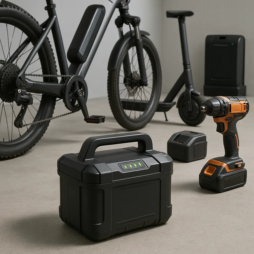 Electric bike, scooter, and cordless drill powered by a compact lithium-ion battery pack in a professional setting.