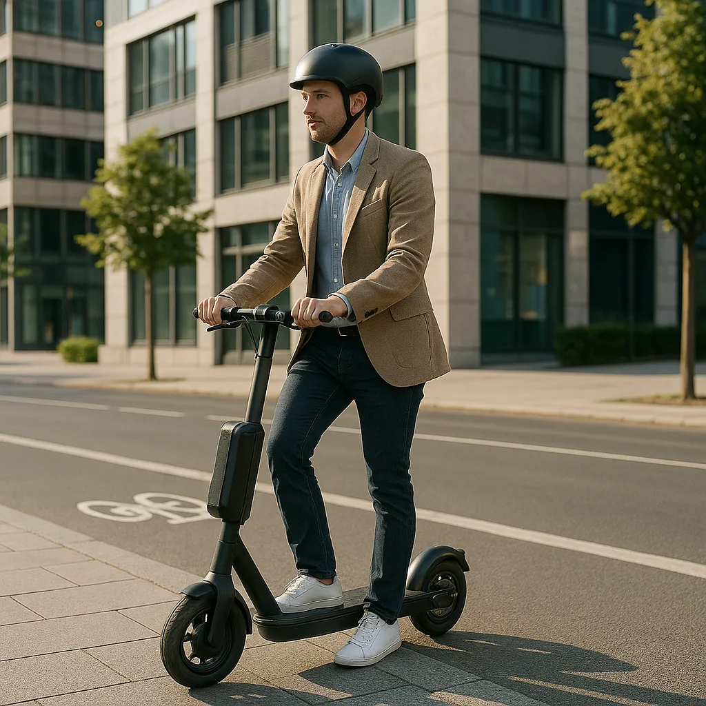A man commuting on an electric scooter in a modern urban bike lane during clear weather.