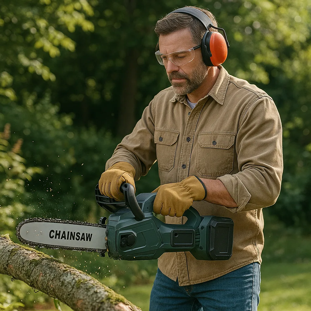 Middle-aged man using a cordless electric chainsaw to cut tree branches in a garden.