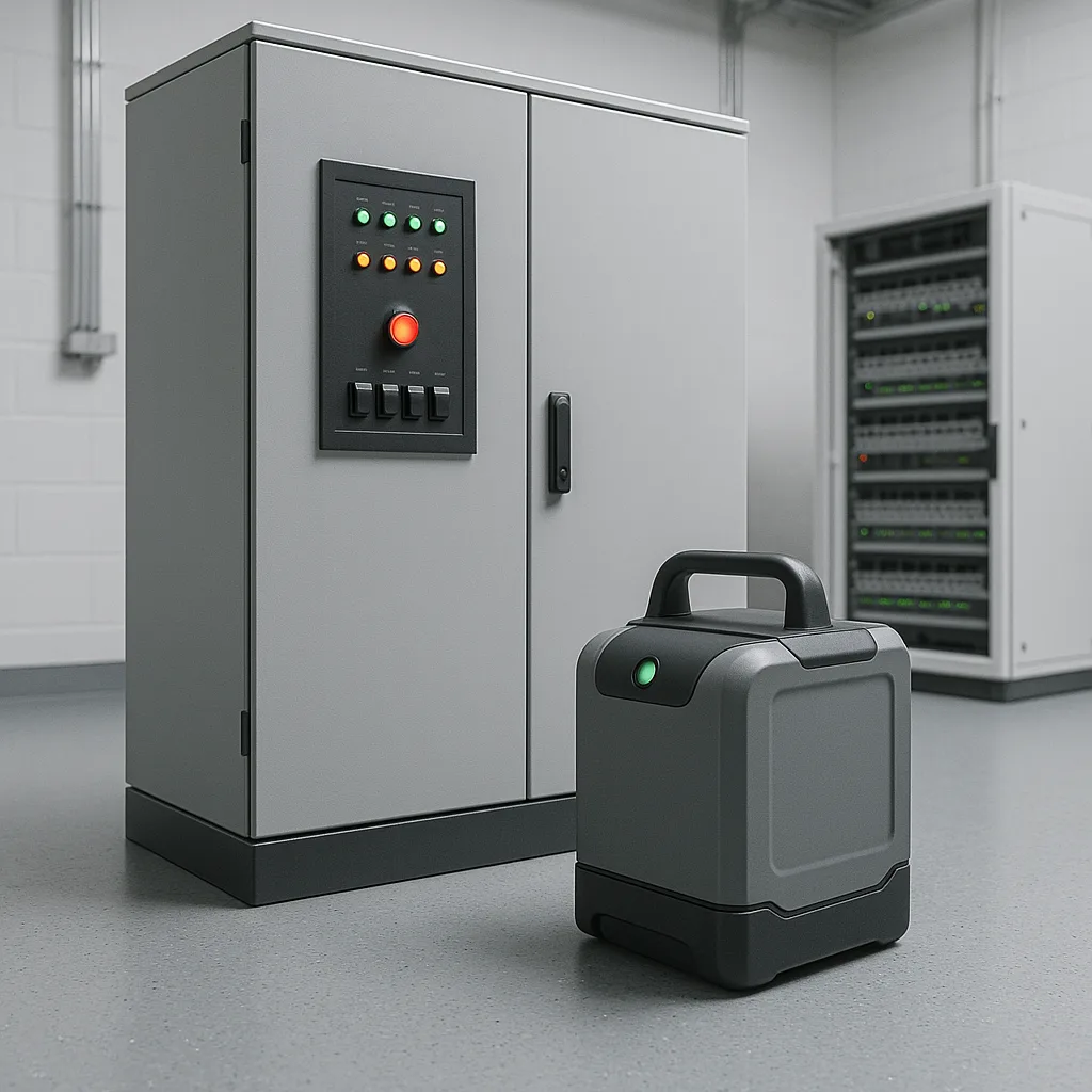 Industrial electrical cabinet with compact battery backup system in a clean technical environment.