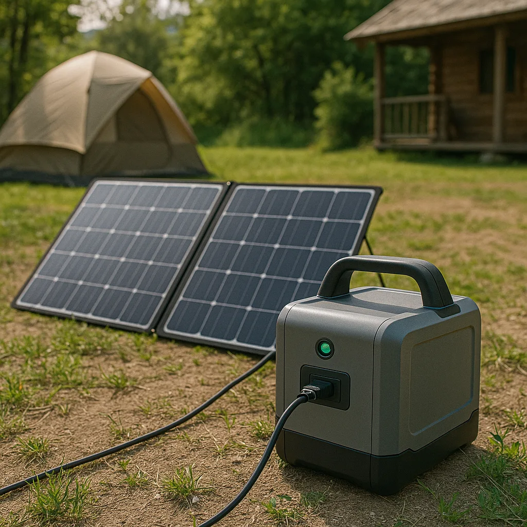 Portable solar power station connected to foldable solar panels at a campsite near a tent and cabin.