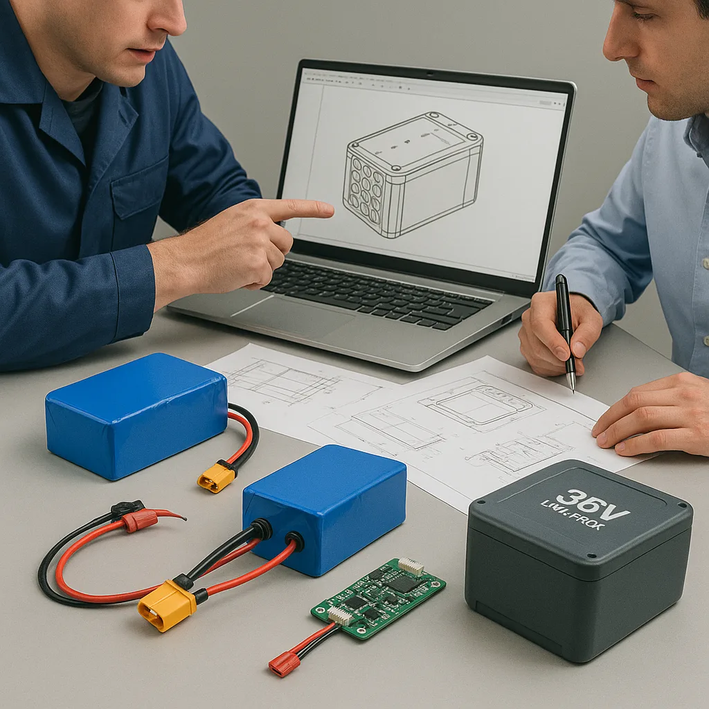 Battery engineer and designer reviewing CAD drawings and 36V battery prototypes with BMS board.