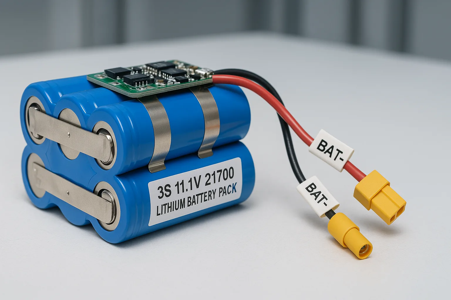 Close-up of a 3S 11.1V 21700 lithium battery pack on white industrial workbench with nickel strips, compact BMS module, and labeled connectors