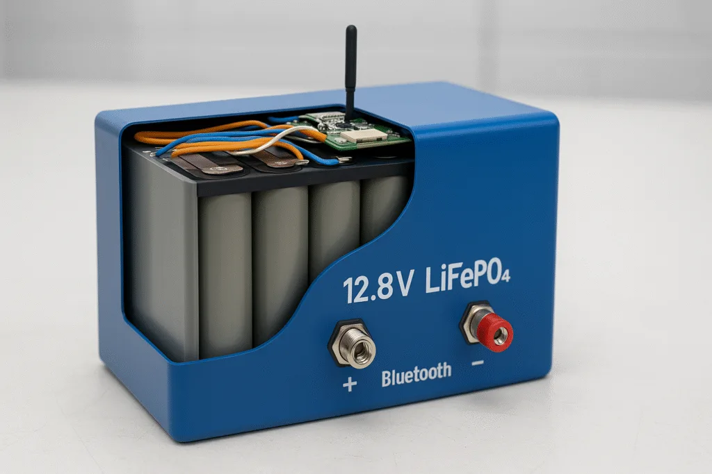 Close-up of a 12.8V LiFePO₄ battery pack with prismatic cells, BMS wiring, labeled terminals, Bluetooth module, and partially open blue protective casing on a clean industrial workbench