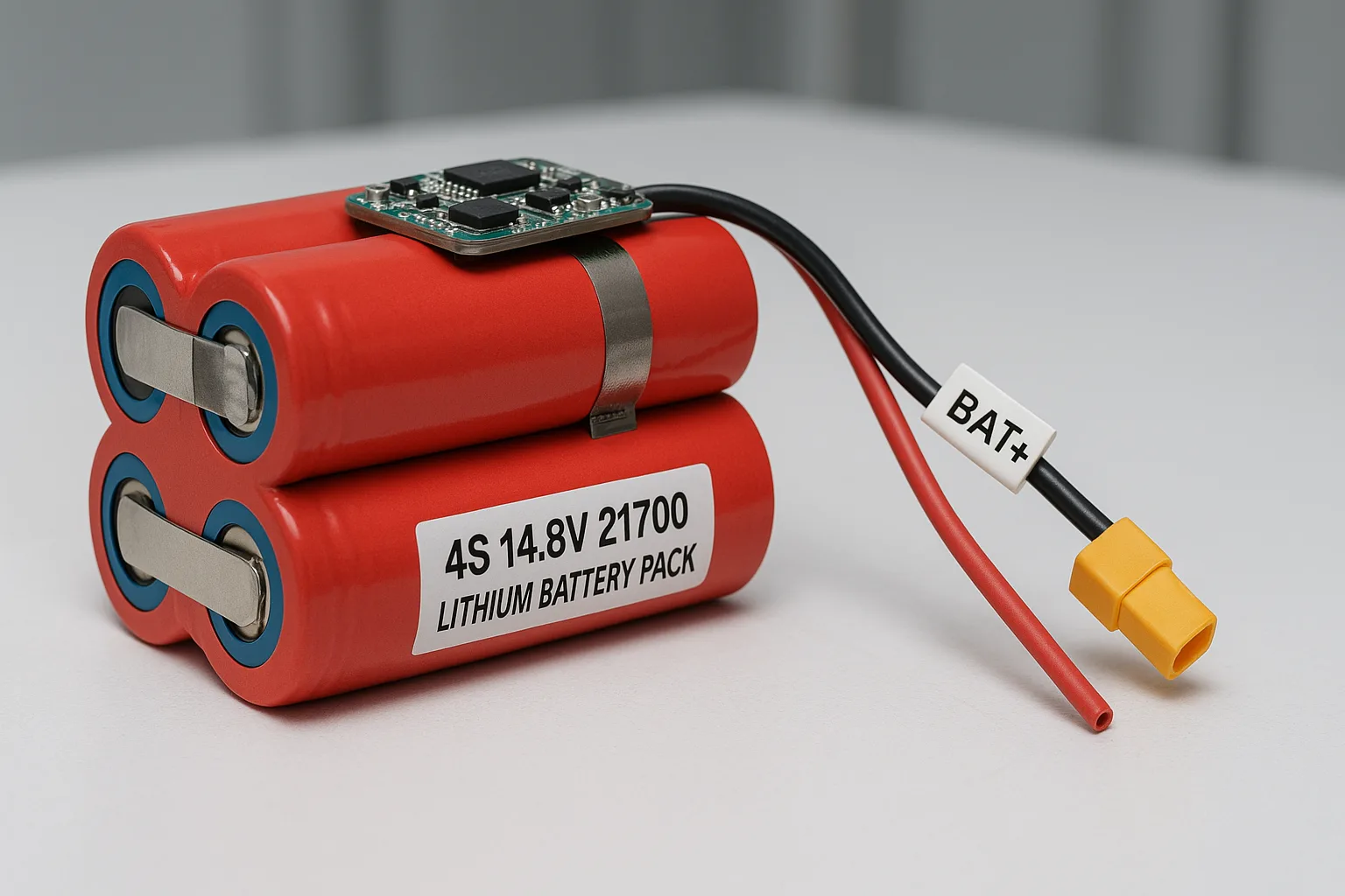 Close-up of a 4S 14.8V 21700 lithium battery pack on white industrial workbench with nickel strips, integrated BMS module, labeled connectors, and red safety wrapping