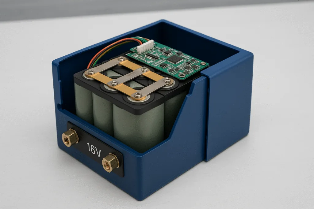 Close-up of a 16V LiFePO₄ battery pack with 5S cylindrical cells, integrated BMS module, labeled terminals, and partially open blue protective casing on a clean industrial workbench