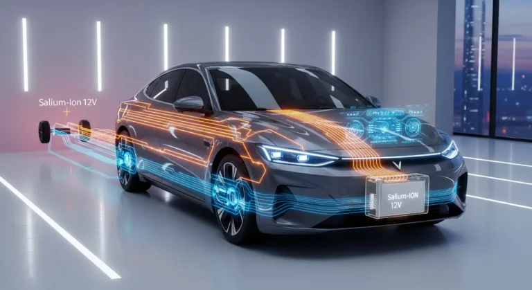 A close-up of a modern electric car, showcasing the glowing blue and orange paths of energy flowing from a 12V sodium-ion battery to the headlights and dashboard.