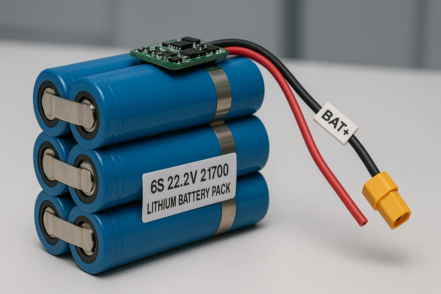 Close-up of a 6S 22.2V 21700 lithium battery pack on industrial workbench with nickel strips, integrated BMS module, and labeled connectors