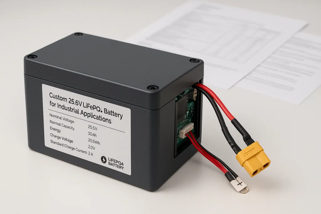 Custom 25.6V LiFePO₄ battery pack for industrial applications with durable casing, visible BMS module, labeled connectors, and technical datasheet in background on a clean white workbench