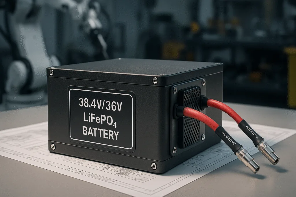 38.4V/36V LiFePO₄ battery pack with industrial-grade casing, visible BMS module, and labeled connectors on an engineering workbench with robotics in the background