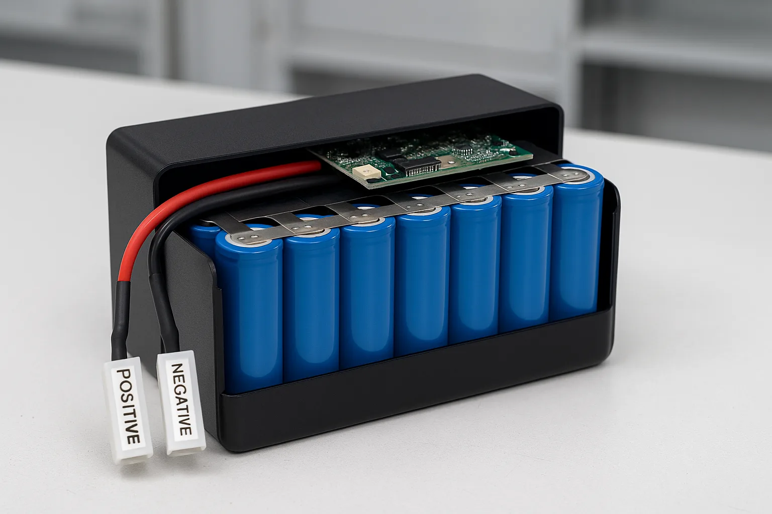 Close-up of a 36V 21700 lithium battery pack with 10 cells in series, nickel strips, integrated BMS, labeled connectors, and partially open protective casing on a white industrial workbench