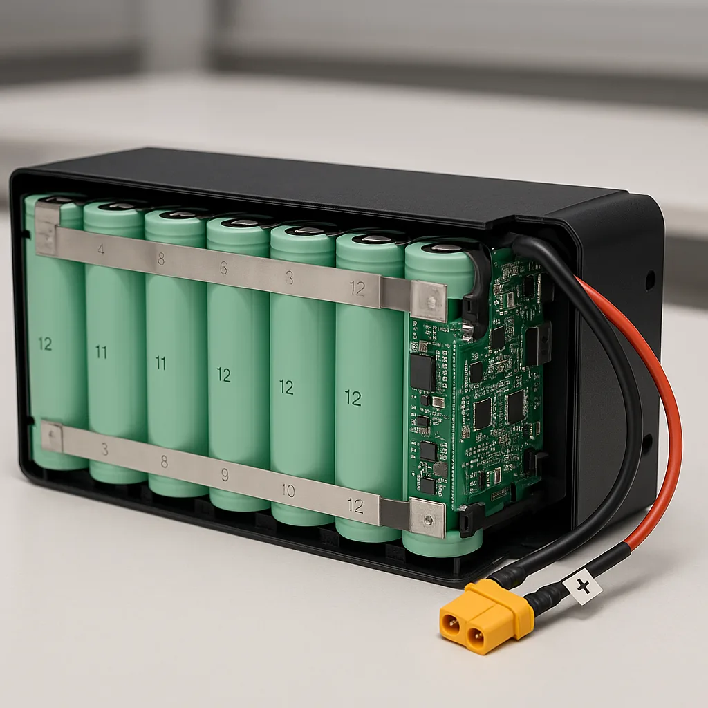 Close-up of a 43.2V 21700 lithium battery pack with 12 series cells, nickel strips, integrated BMS, labeled connectors, and partially open protective casing on a white industrial workbench