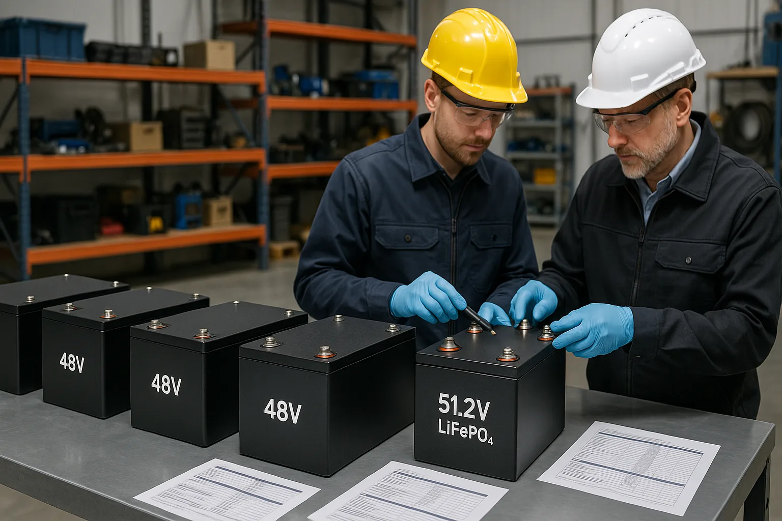 Clean industrial workspace with 48V and 51.2V LiFePO₄ battery packs on a metal workbench, engineers inspecting terminals, and warehouse equipment in the background