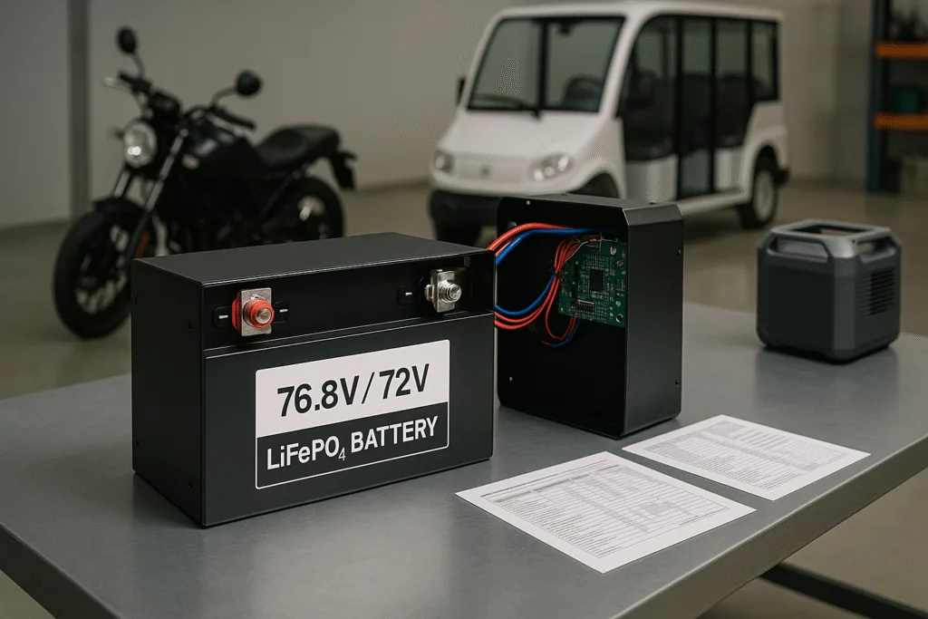 76.8V / 72V LiFePO₄ battery pack on industrial workbench with visible BMS wiring, datasheets, and electric motorcycle, sightseeing vehicle, and portable power unit in the background