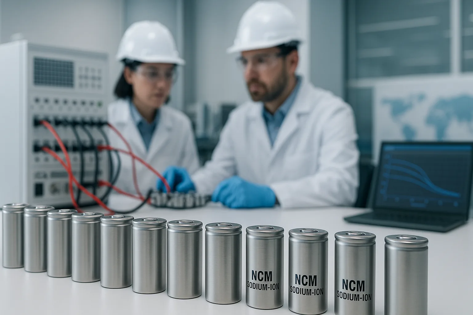 NCM sodium-ion cylindrical cells neatly arranged on a white lab table, with engineers in safety gear testing them using advanced battery testing equipment in a clean laboratory.