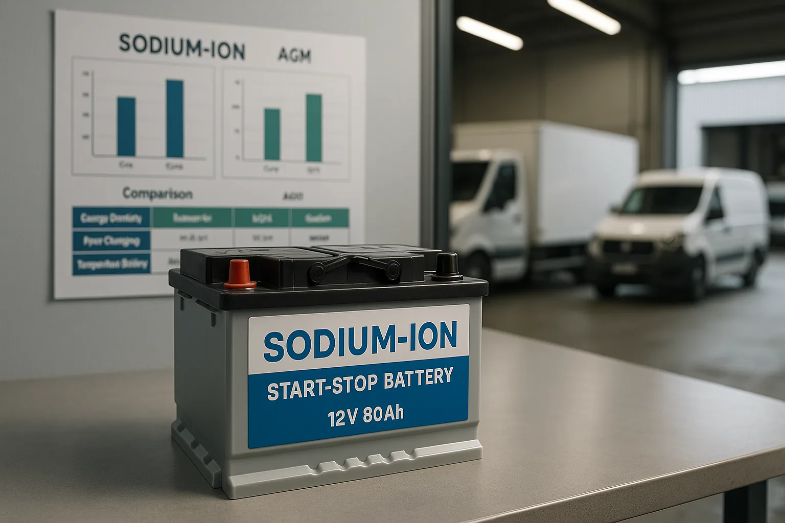 Sodium-ion start-stop battery on a clean workshop table with comparison charts against AGM batteries, fleet vehicles visible through an open workshop door.