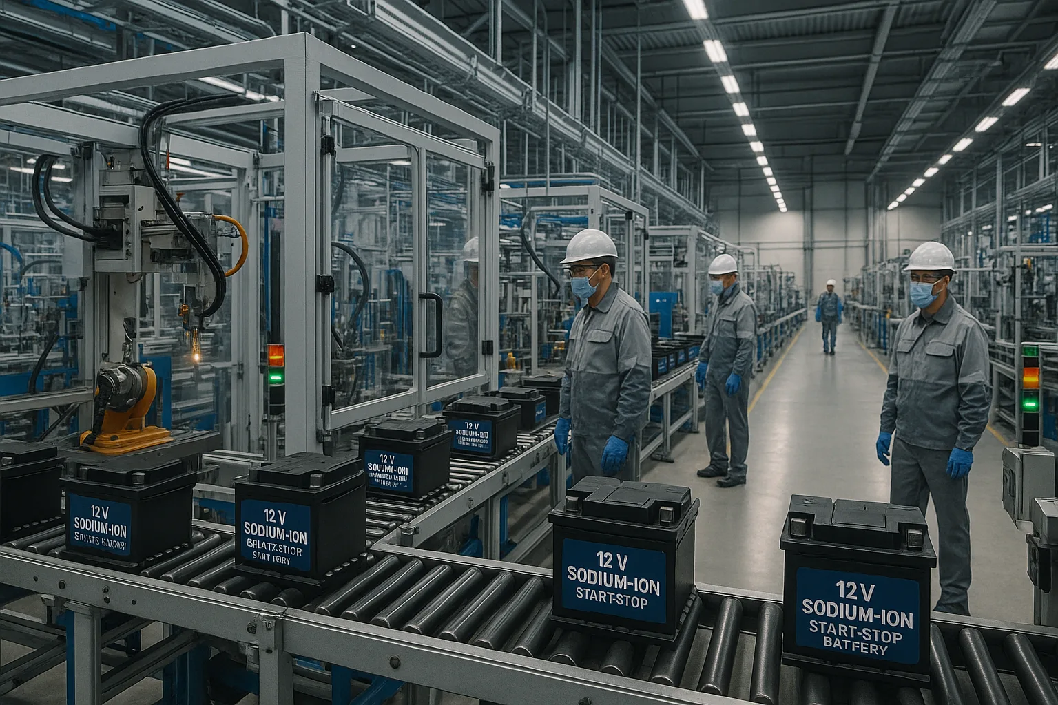  Automated assembly lines producing sodium-ion start-stop batteries in a manufacturing plant, with workers in safety gear monitoring quality control.