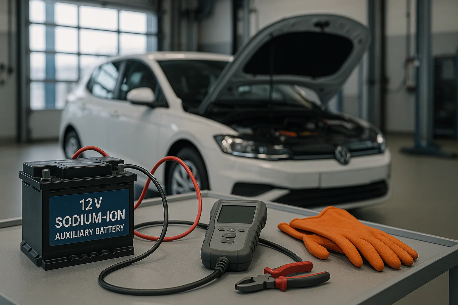 12V sodium-ion auxiliary battery connected to diagnostic equipment in an EV maintenance bay, with electric vehicle in the background and safety gloves on the workbench.
