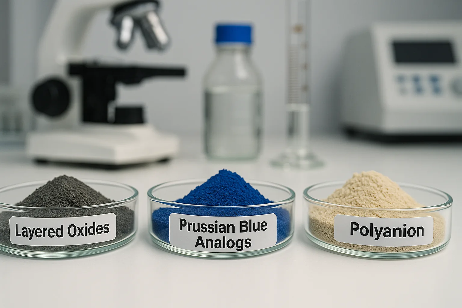 Labeled petri dishes containing layered oxides, Prussian Blue analogs, and polyanion powders on a clean white lab bench with scientific instruments in the background.