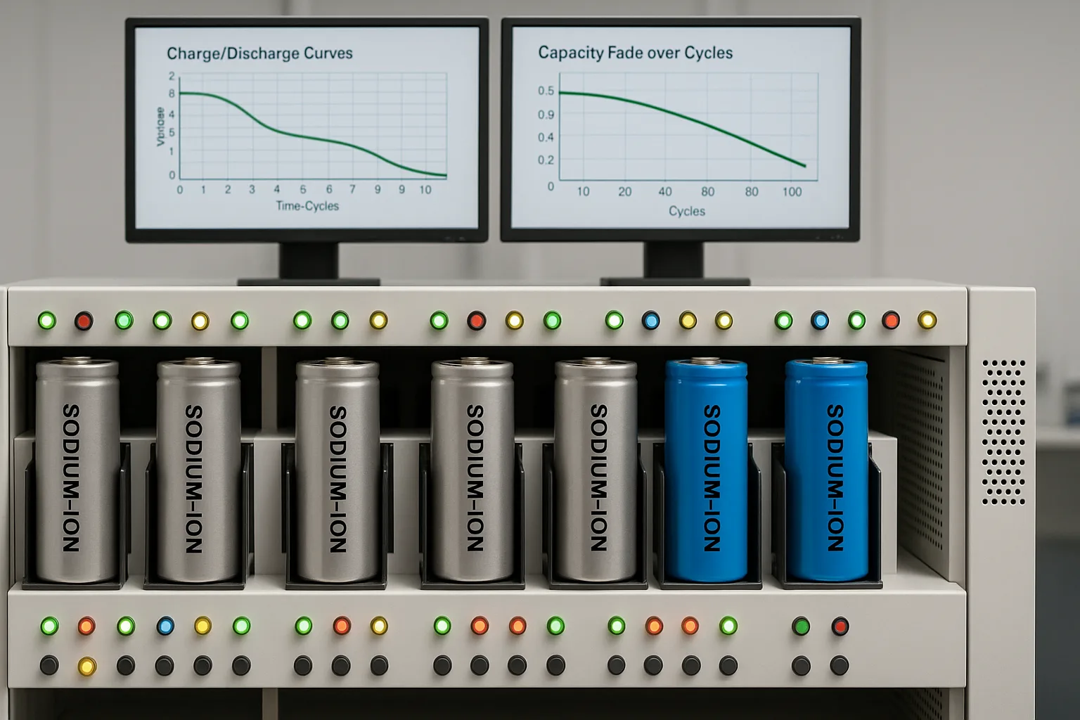 Automated battery cycling machine testing multiple sodium-ion cylindrical cells with charge/discharge and capacity fade graphs on monitors.