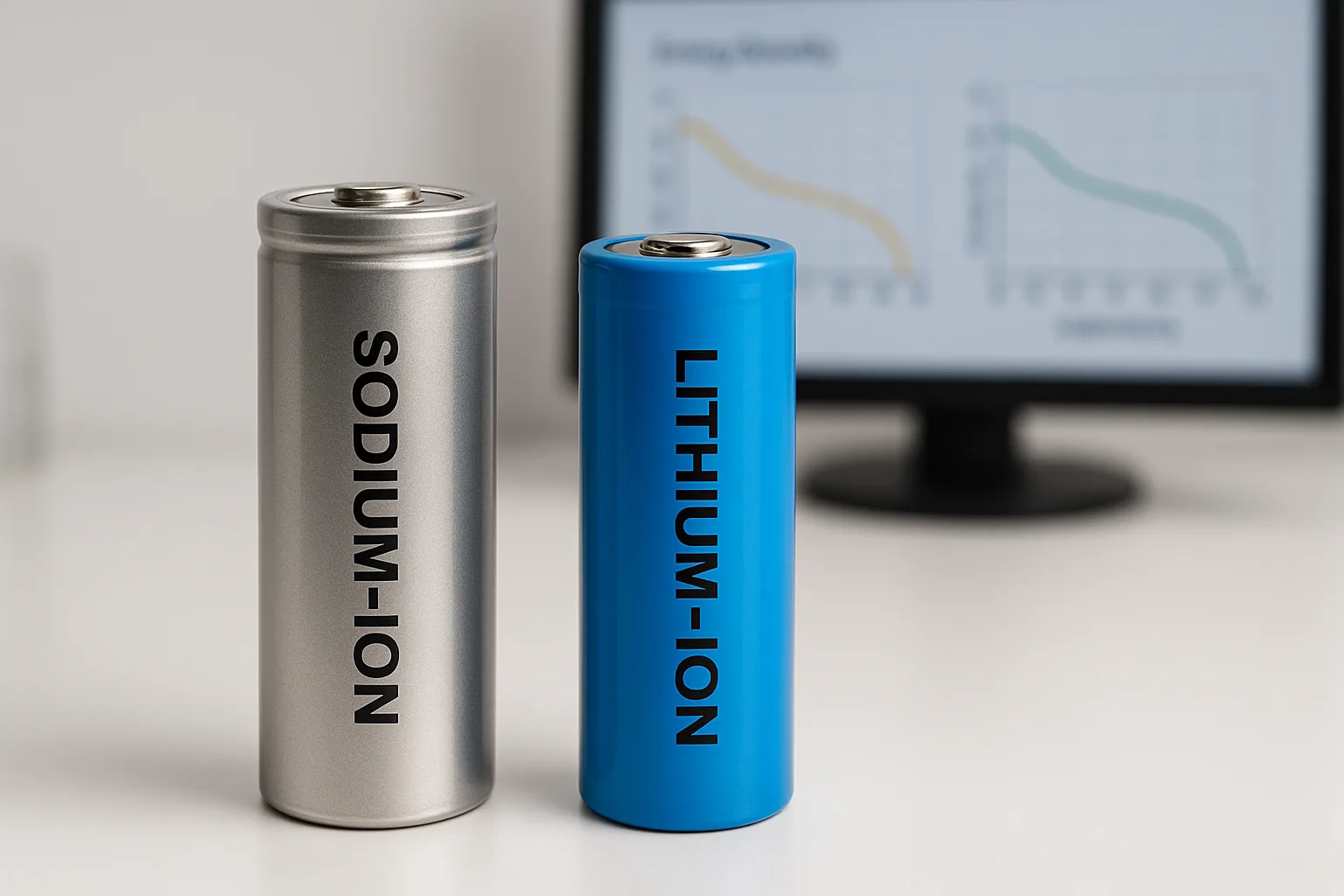 Side-by-side comparison of sodium-ion and lithium-ion cylindrical cells on a clean table with energy density graphs in background.