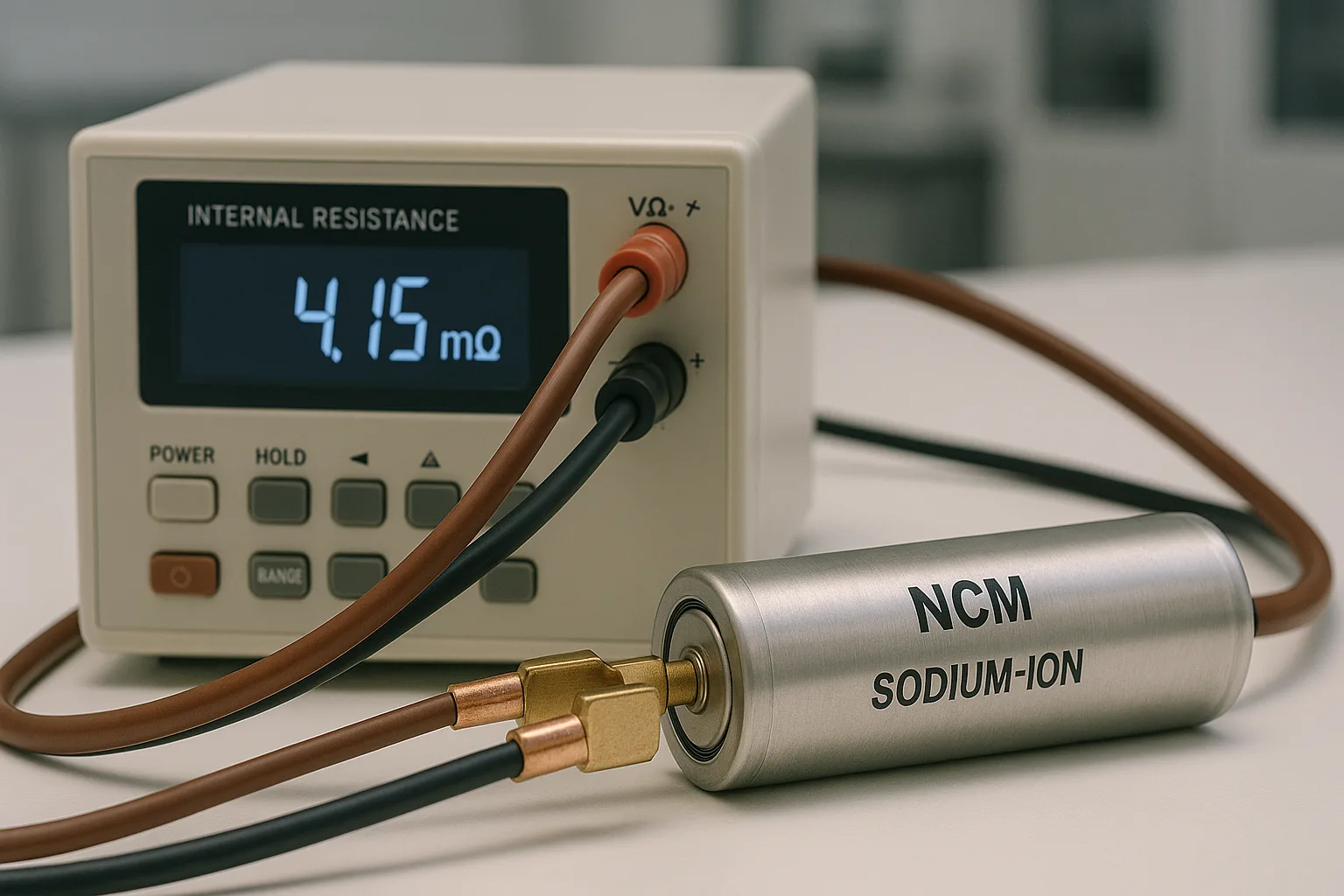 Digital milliohm meter measuring internal resistance of an NCM sodium-ion cylindrical cell with copper leads in a professional lab.