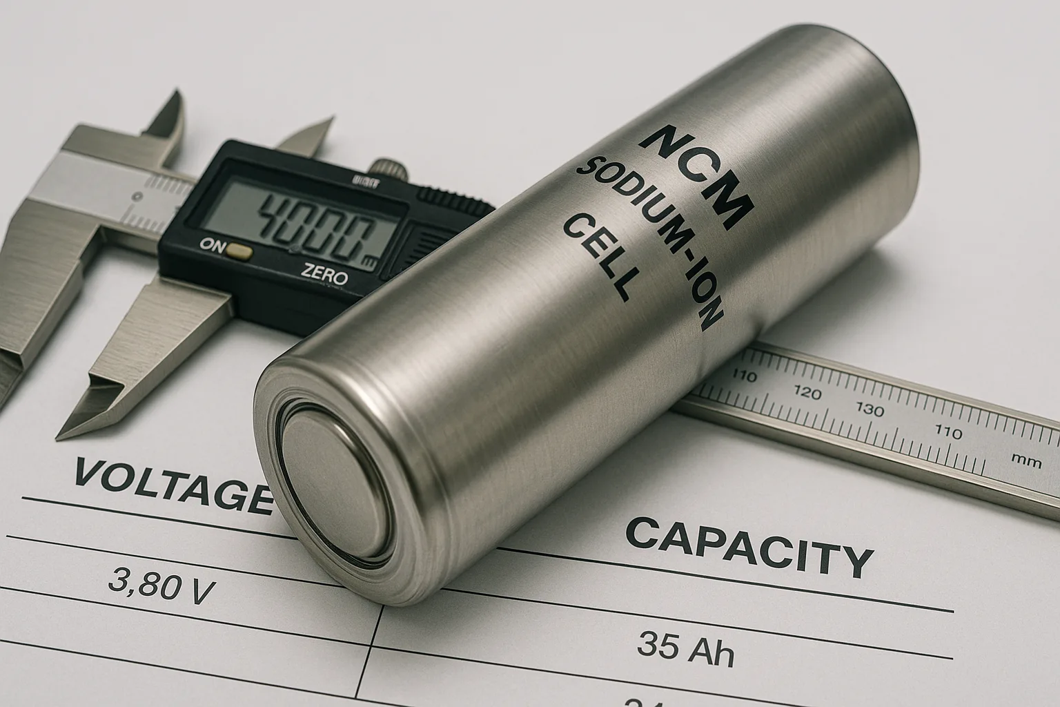  Close-up of 40160-type NCM sodium-ion cylindrical cell measured with calipers showing 40mm diameter, next to voltage and capacity charts.