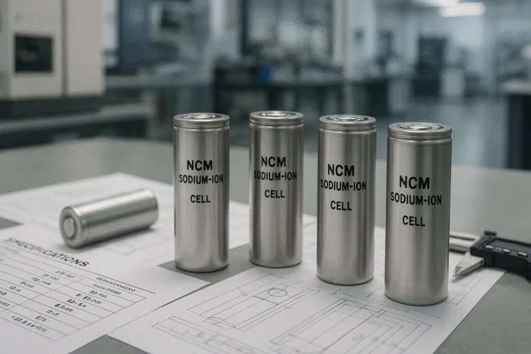 Automotive-grade NCM sodium-ion cylindrical cells on an engineer’s workbench with printed specifications and calipers in a clean lab.
