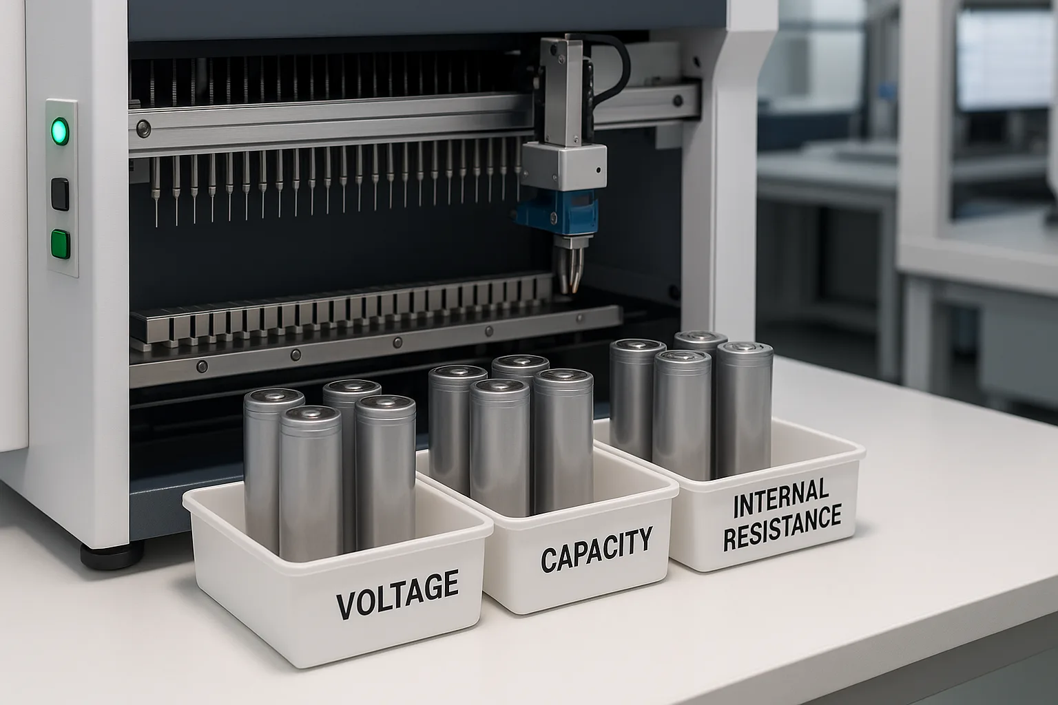 Automated battery cell grading and matching machine sorting sodium-ion cylindrical cells by voltage, capacity, and internal resistance into labeled trays.