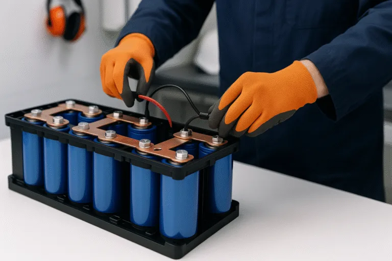 Engineer assembling an automotive sodium-ion start-stop battery pack with series and parallel connections, copper busbars visible, in a clean lab.