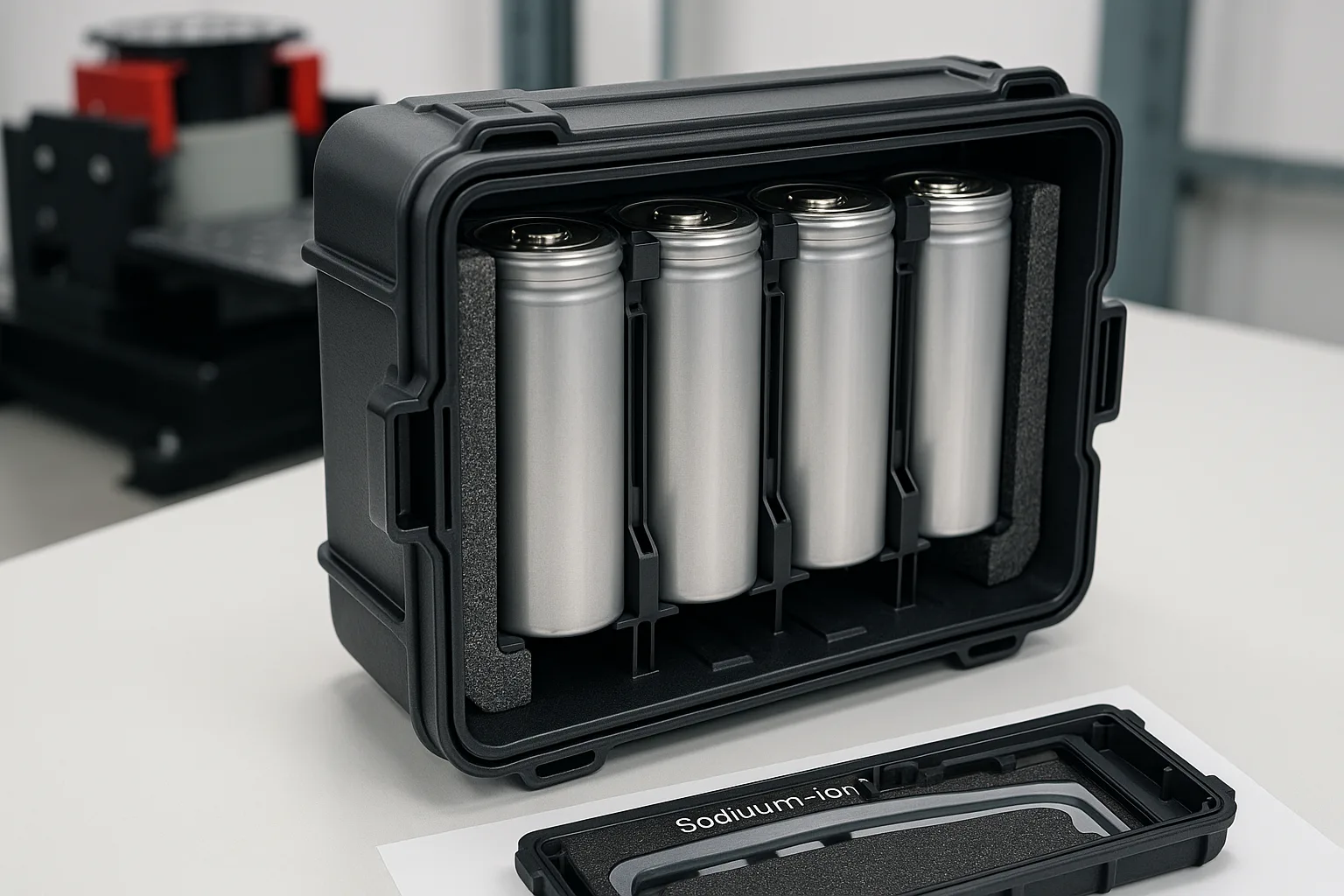 Sodium-ion battery pack inside a rugged ABS plastic casing, cutaway view showing internal cell holders and EVA foam padding, in a vibration test lab.
