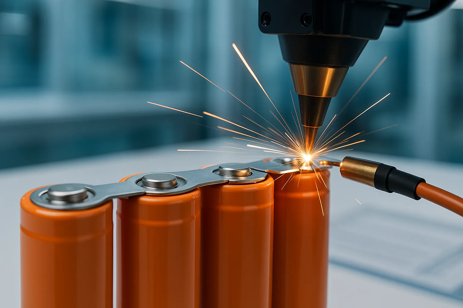 Precision laser welding equipment joining cylindrical sodium-ion cell terminals with nickel-plated copper busbars, sparks visible mid-air.
