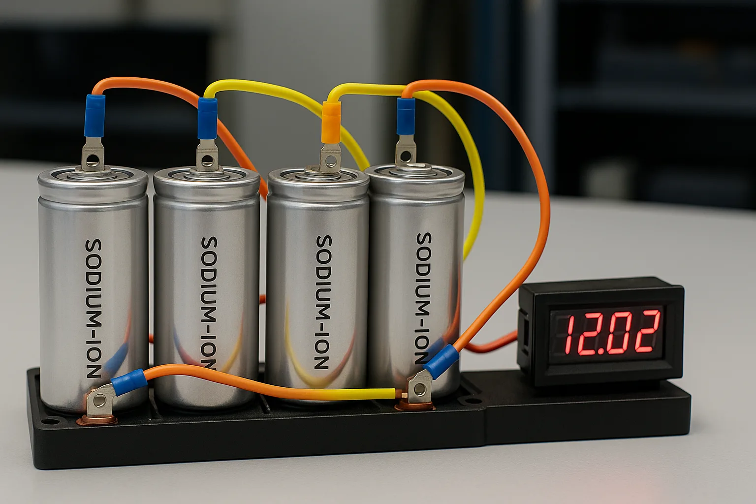 Close-up of four cylindrical sodium-ion cells connected in series with parallel groups, showing wiring, connectors, and voltmeter reading around 12.0V.