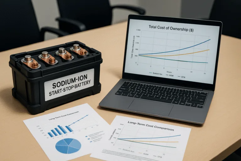 Sodium-ion start-stop battery pack on a meeting table beside financial charts and a laptop showing total cost of ownership comparison with AGM and EFB batteries.