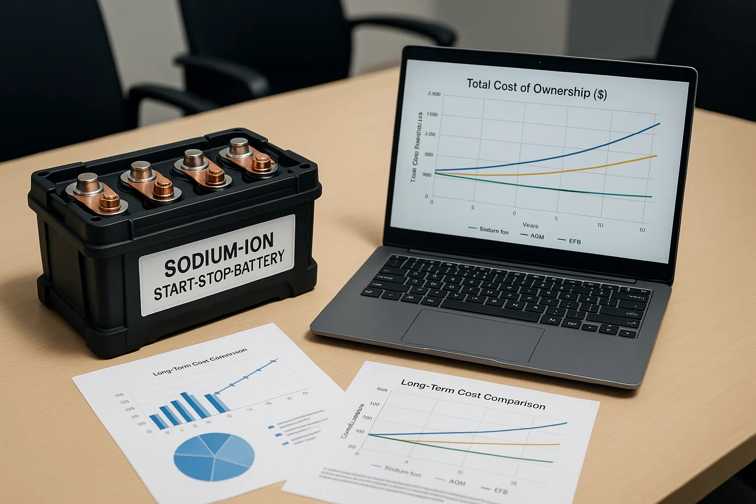 Sodium-ion start-stop battery pack on a meeting table beside financial charts and a laptop showing total cost of ownership comparison with AGM and EFB batteries.