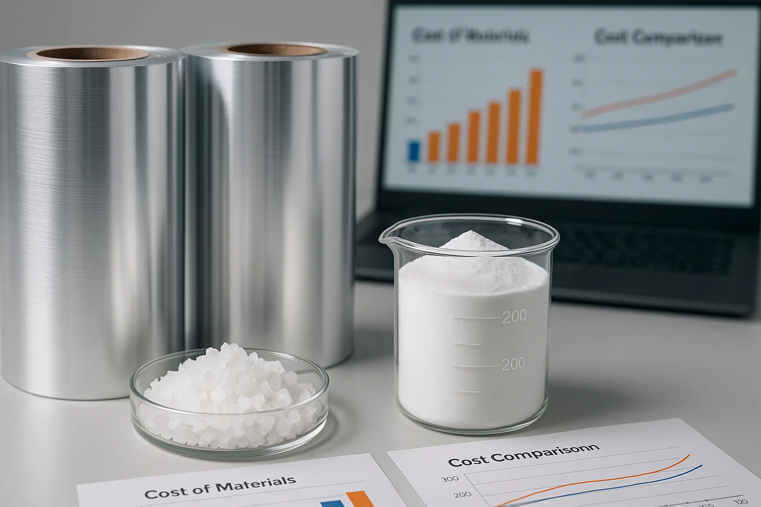Aluminum foil rolls and sodium compounds arranged on a factory table with blurred cost comparison charts in the background.